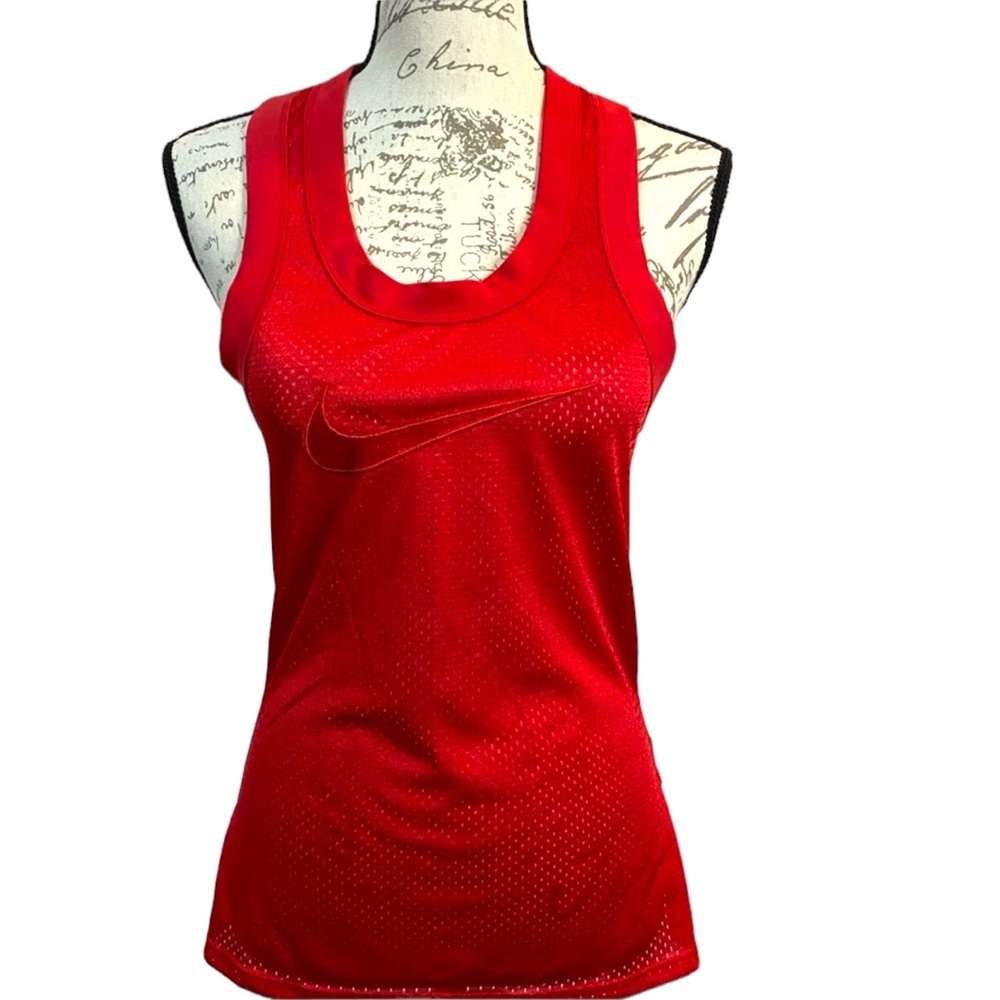 Vintage Nike Women’s Red Racer Back Tank Logo Front Perforated‎ Mesh Scoop Neck